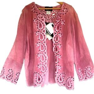 Bob Mackie Wearable Art Womens Leather Pink Western Embroidered Jacket Size 1X
